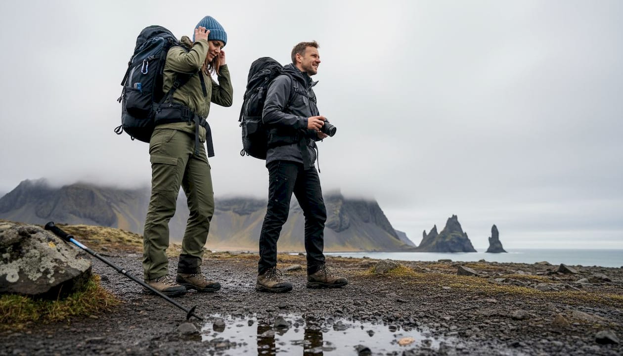 Una pareja disfruta de una ruta de senderismo mientras contempla las impresionantes vistas desde el mirador de Vík.