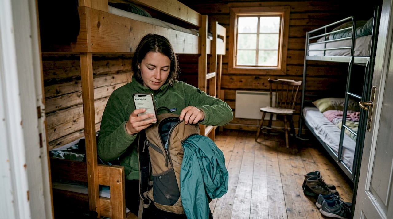 Ein Reisender durchsucht seinen Rucksack im Hostelzimmer.