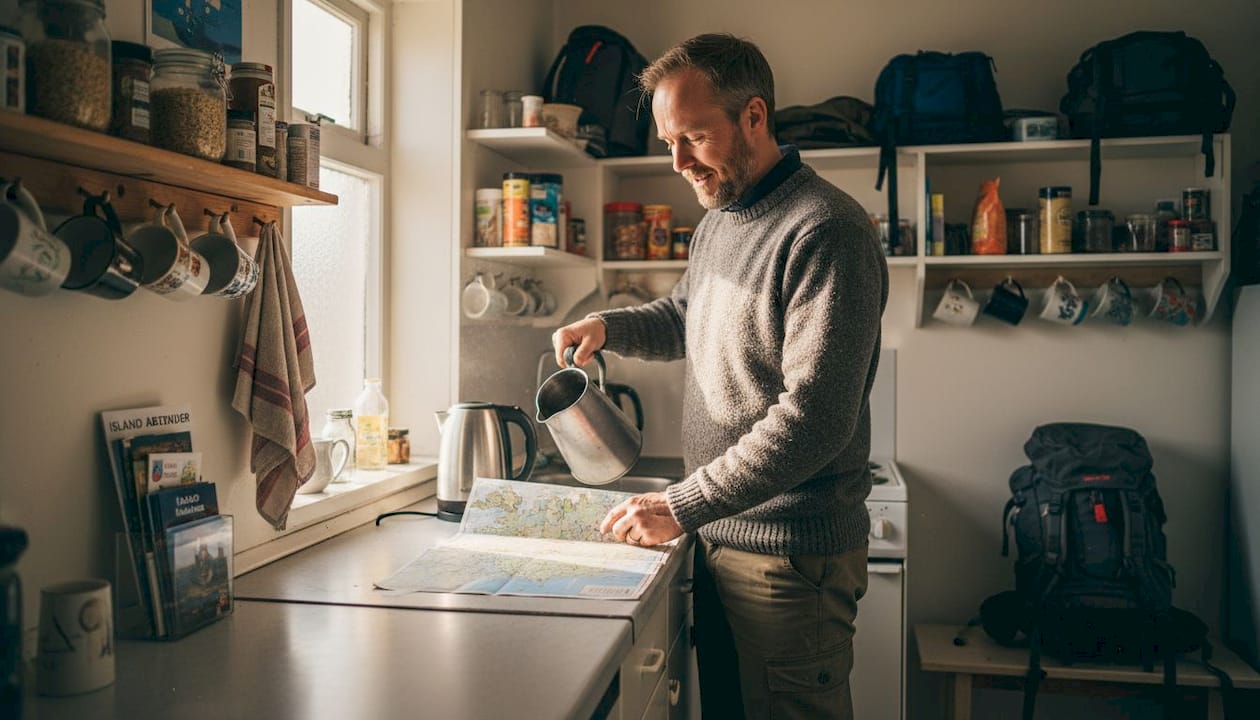 Hostelgast mit Zimmerkarte in der Gemeinschaftsküche