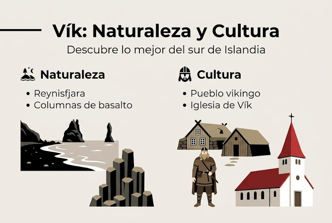 Descubre en esta infografía todo lo que hace única a Vík, Islandia: su impresionante naturaleza y la riqueza de su cultura local.