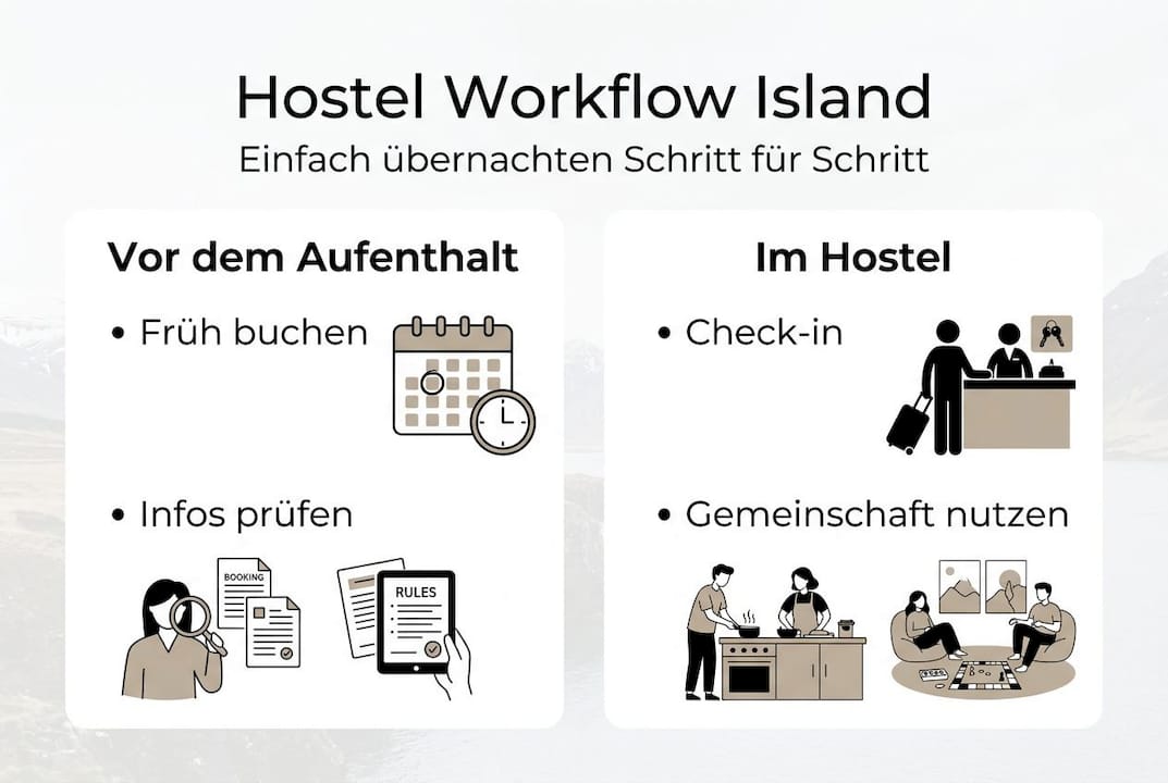Schritt-für-Schritt-Anleitung: So läuft der Hostel-Workflow auf unserer Insel ab (Infografik)