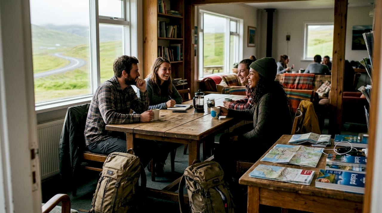 Travelers chatting in Iceland hostel lounge