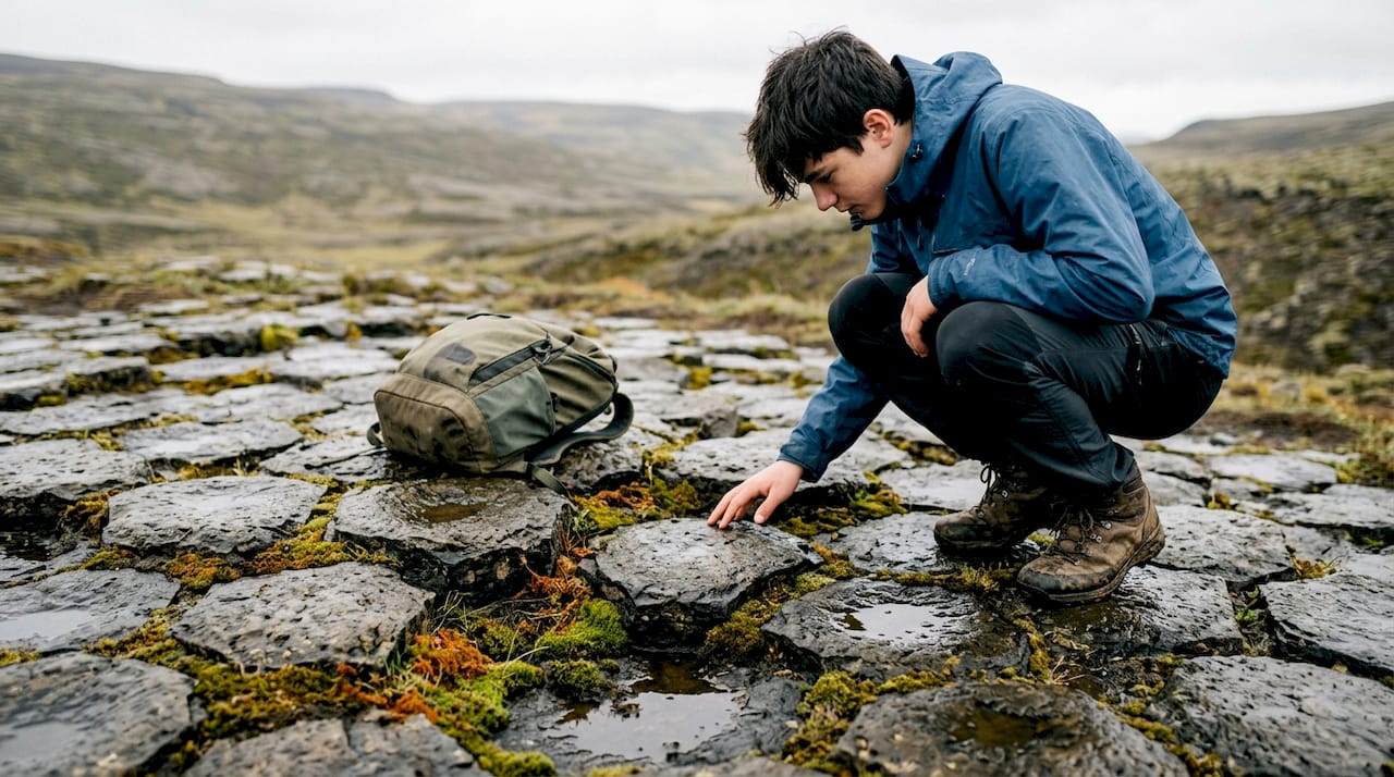 Un joven recorre las impresionantes formaciones de columnas de basalto en Kirkjugólf.