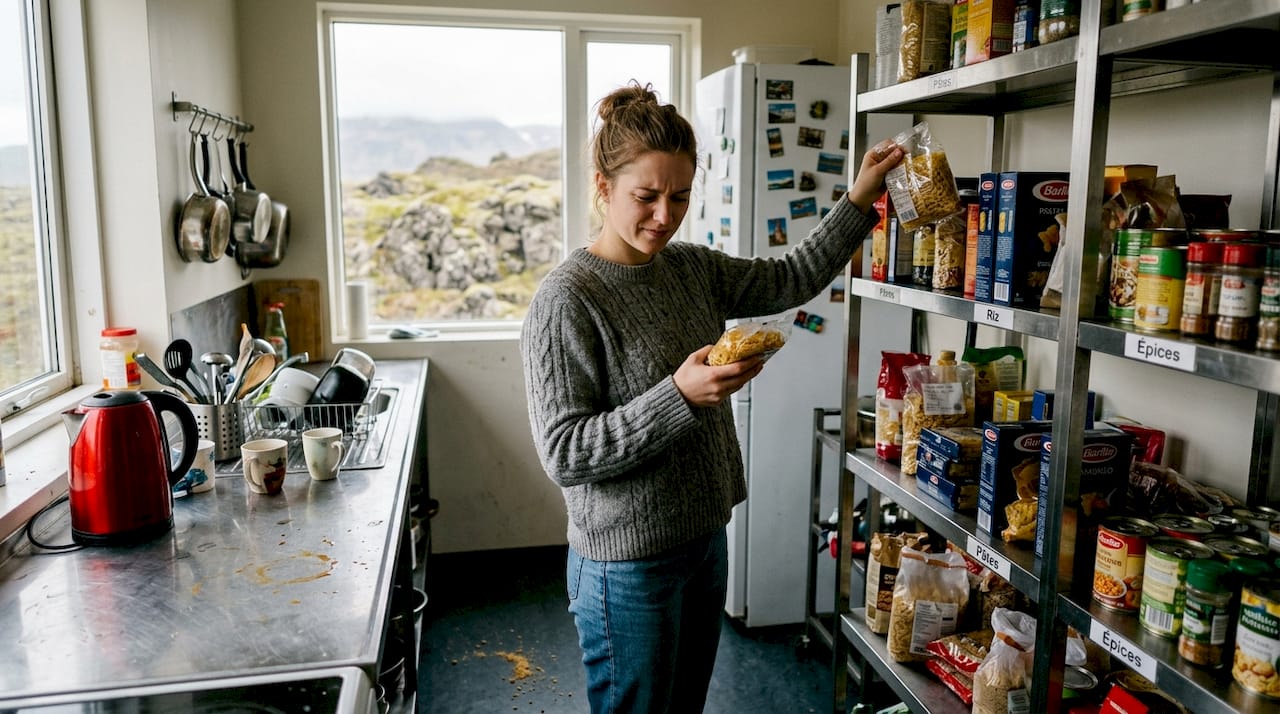 Une jeune globe-trotteuse range ses courses dans la cuisine commune de l’auberge de jeunesse.