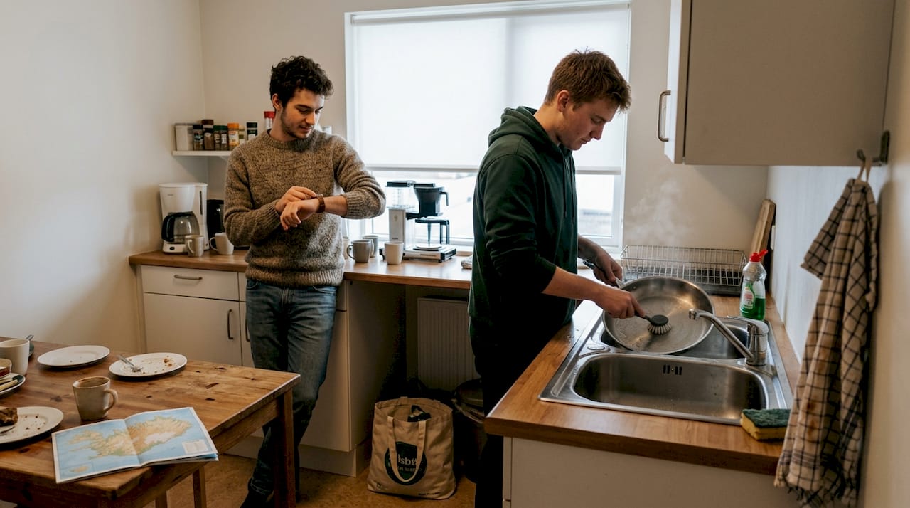 Les voyageurs s’organisent pour partager les créneaux en cuisine à l’auberge.
