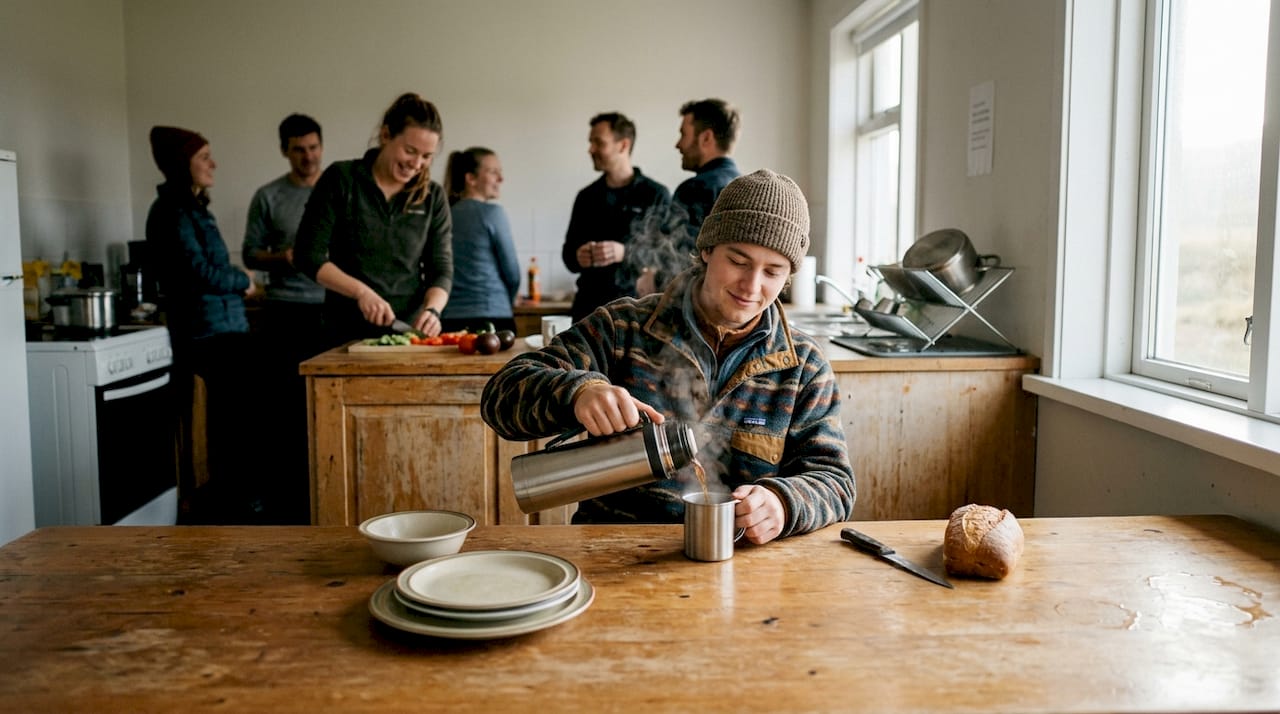 Ein Reisender schenkt sich in der Gemeinschaftsküche eines Hostels eine Tasse Kaffee ein.