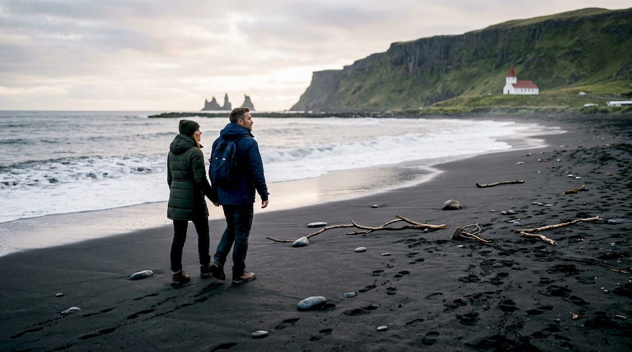 Una coppia passeggia lungo la spiaggia di sabbia nera di Víkurfjara