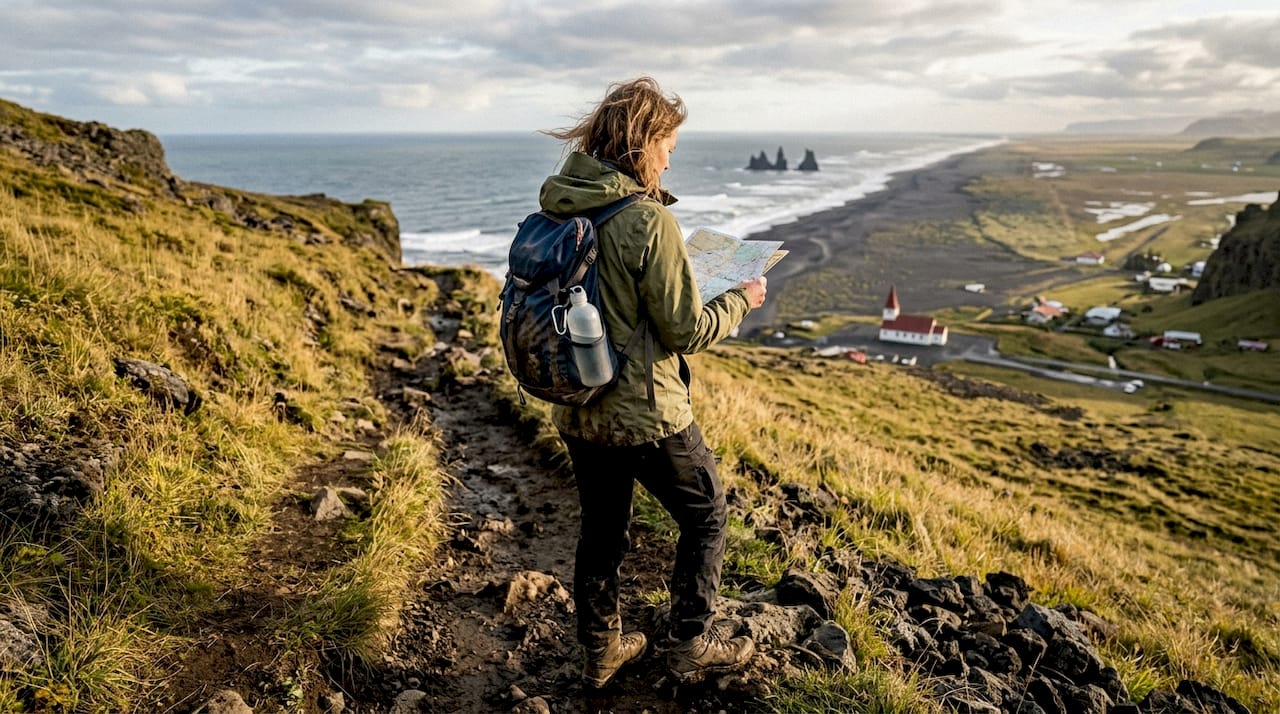 Un viaggiatore si gode un'escursione sul monte Reynisfjall, ammirando dall'alto il panorama mozzafiato di Vík.