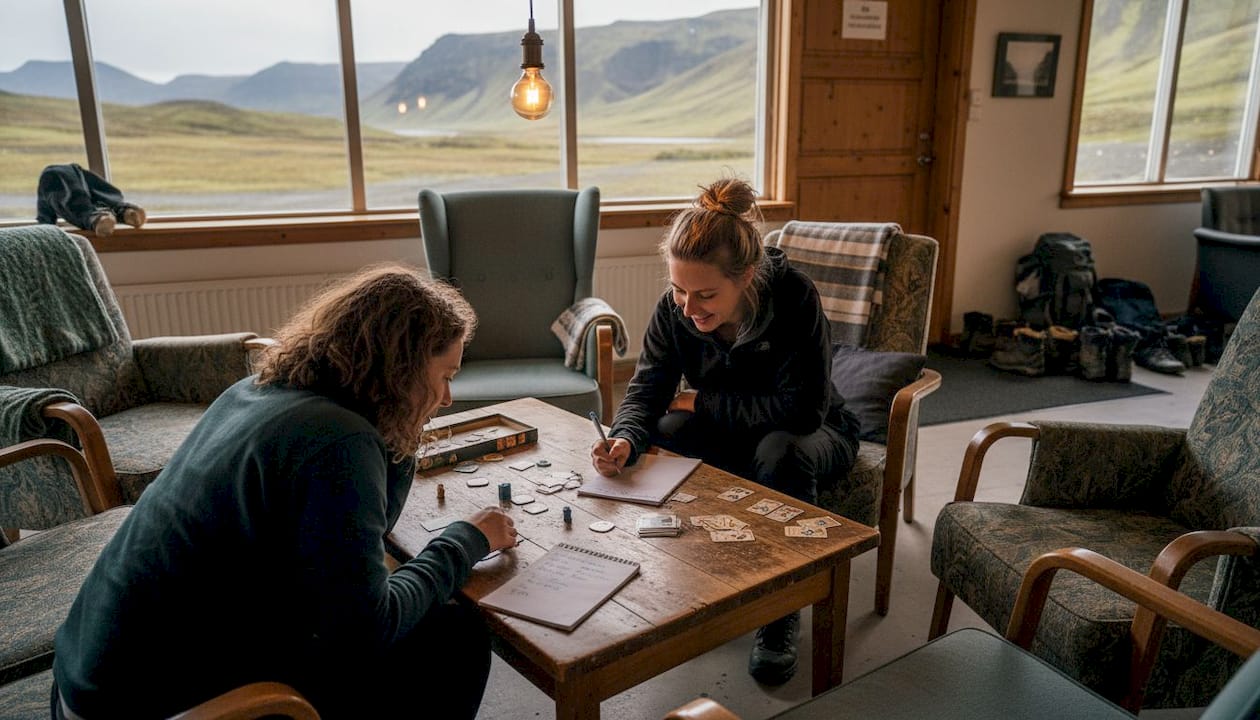 Im Gemeinschaftsraum des Hostels treffen sich die Gäste zu einer gemütlichen Spielerunde.