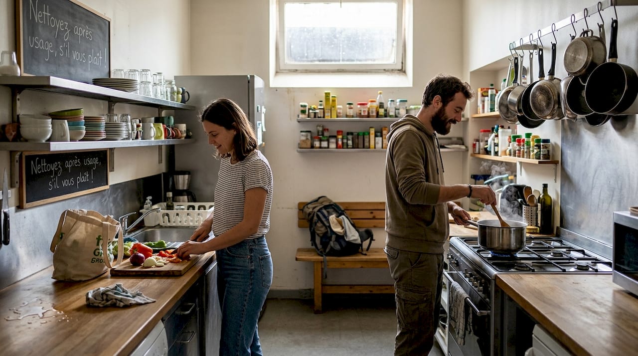 Des voyageurs préparent leur repas ensemble dans la grande cuisine conviviale de l’auberge.