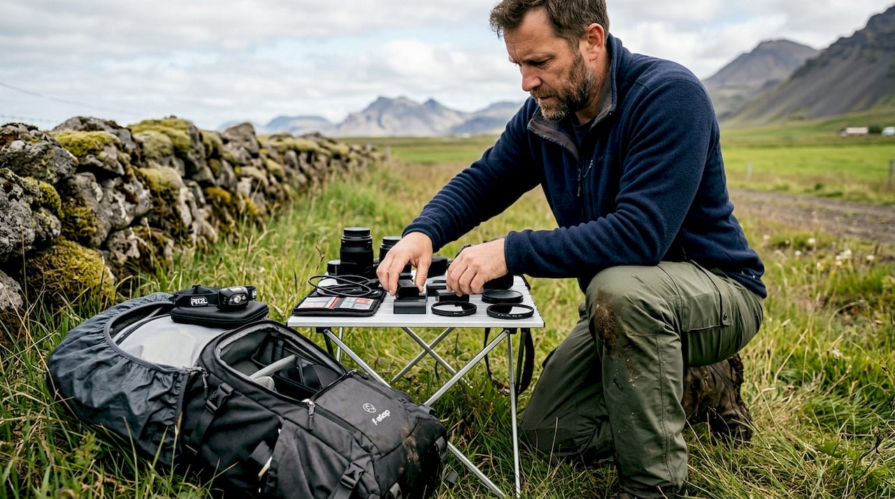 Un fotografo si prepara al meglio sistemando la sua attrezzatura fotografica tra i paesaggi mozzafiato dell’Islanda.