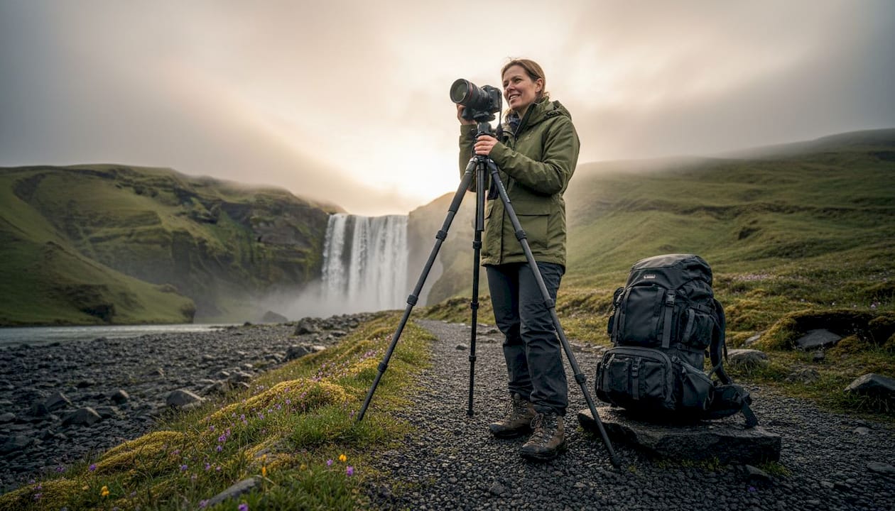 Un fotografo sistema il treppiede immerso tra i paesaggi mozzafiato dell’Islanda.