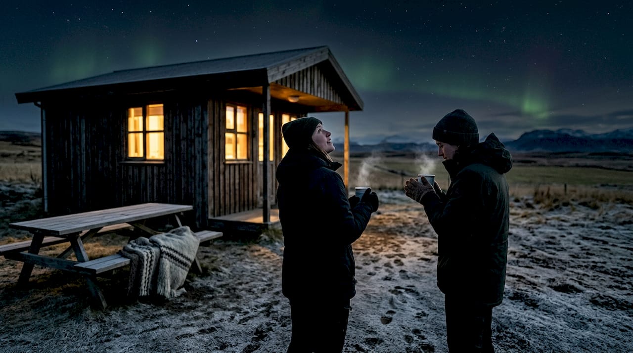 Un grupo de amigos contempla la aurora boreal desde una acogedora cabaña en plena naturaleza islandesa.