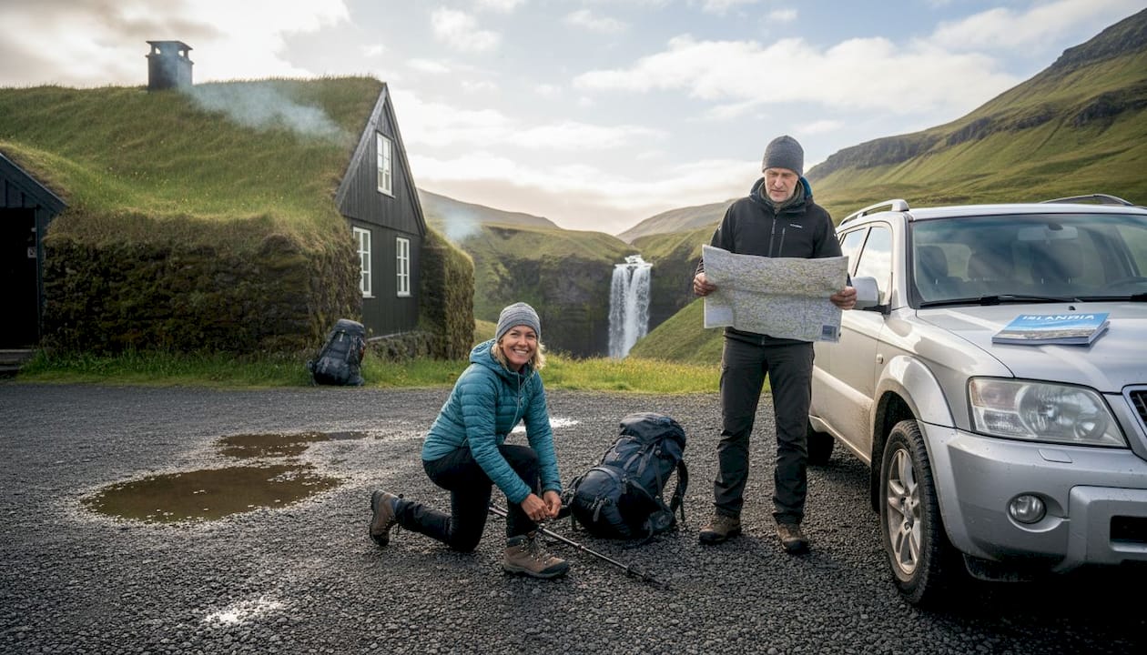 Viajeros preparan su equipo en una casa de huéspedes islandesa