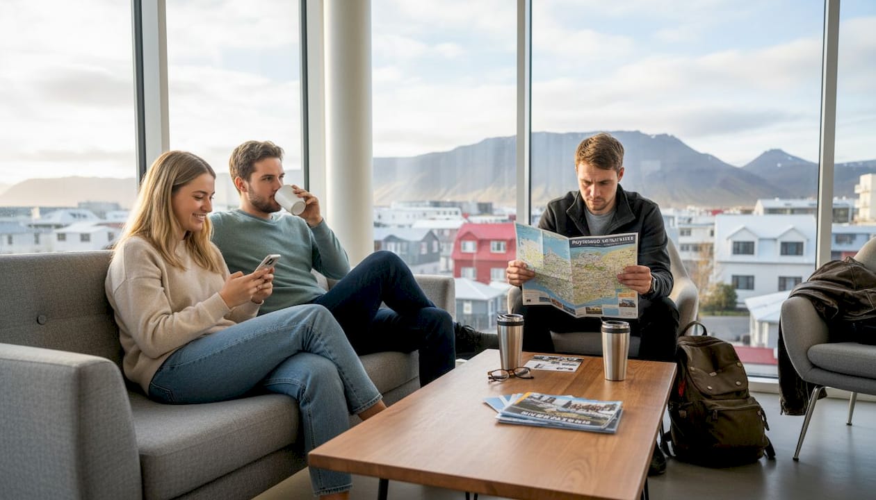 Des voyageurs profitent d’un moment de détente dans le salon lumineux de l’auberge.