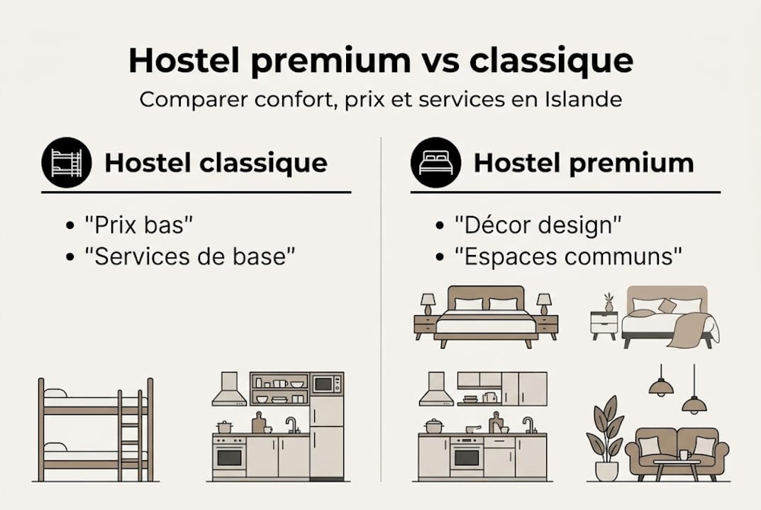 Découvrez notre infographie qui met en lumière les différentes catégories d’auberges de jeunesse en Islande et leurs spécificités.