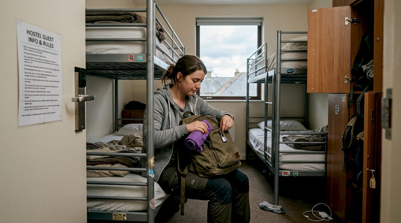 Budget traveler packing essentials in hostel room