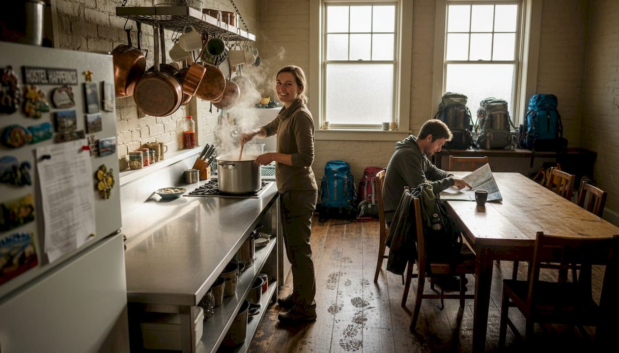 Travelers preparing meals in Iceland hostel kitchen