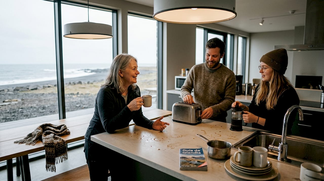 Varios huéspedes charlan animadamente en la sala común del hostel.