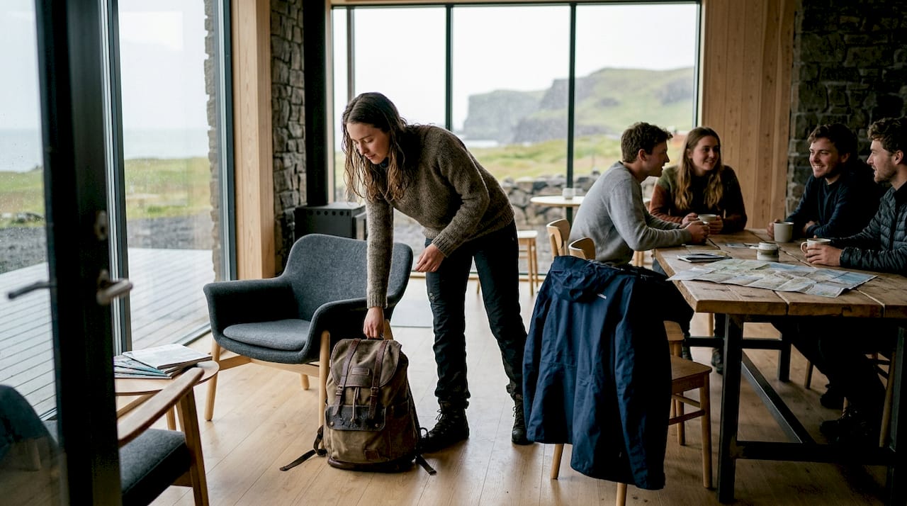 Una viajera llega a un hostel de lujo en Islandia