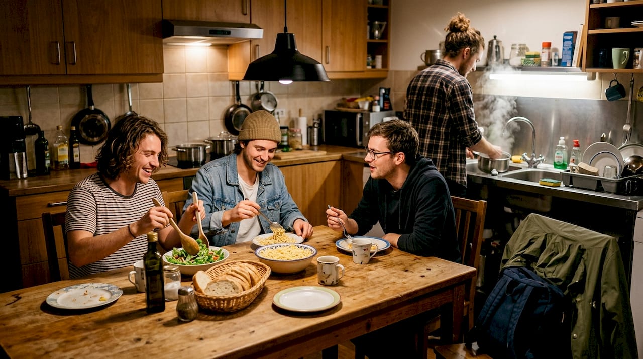 Ambiance conviviale dans la cuisine d’une auberge de jeunesse en Islande, où des amis préparent ensemble le dîner.