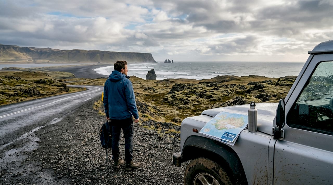 Un voyageur contemple les plages de sable noir en Islande, fasciné par la beauté brute de ces paysages volcaniques.