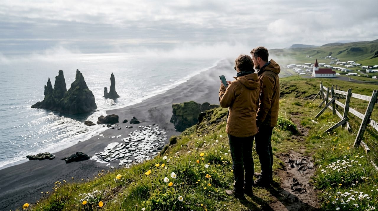 Travelers viewing Vík’s black sand coast