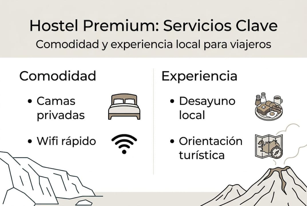 Resumen visual de los servicios exclusivos que ofrece nuestro hostel premium