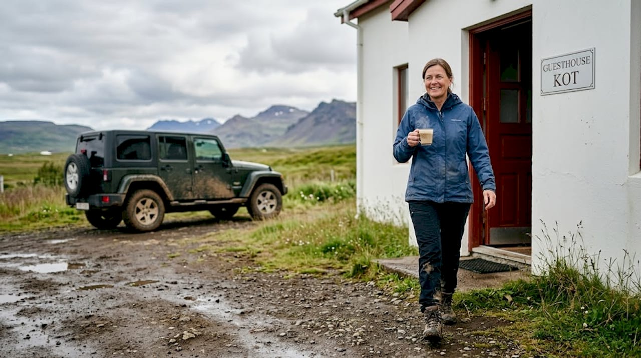 Una donna si trova davanti a una guesthouse immersa nella campagna islandese.