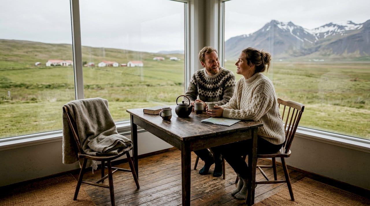 Una coppia si gode il panorama mozzafiato della natura islandese dalla loro guesthouse