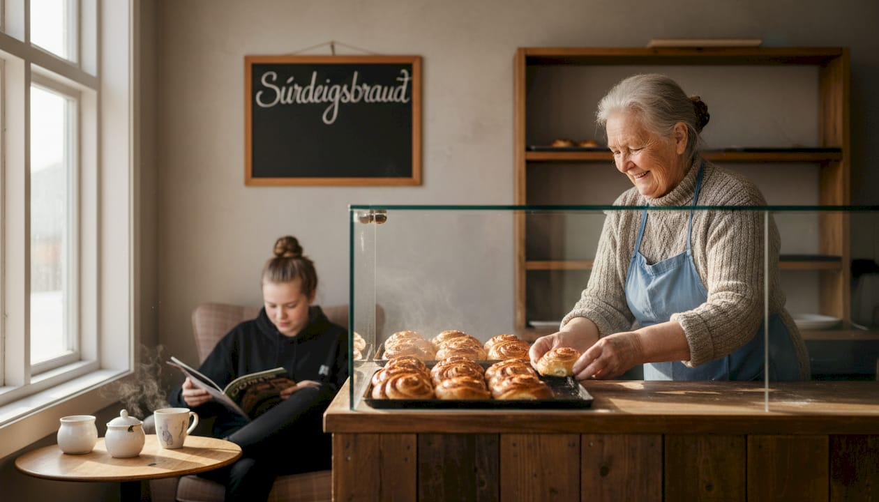 Vík bakery scene with pastries and locals