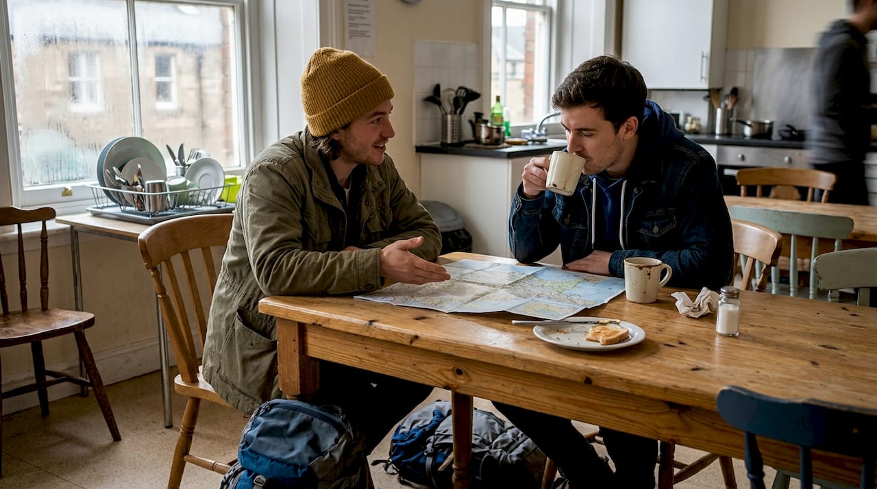 Im Gemeinschaftsraum der Jugendherberge tauschen Reisende bei einer Tasse Tee ihre spannendsten Geschichten aus.