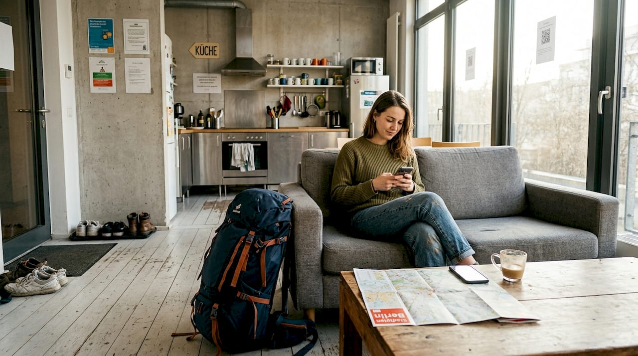 Ein Gast entspannt sich inmitten des lebhaften Treibens in der Hostel-Lounge in Island.