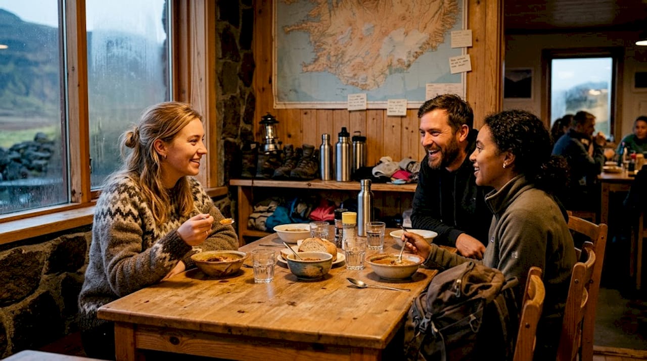 Solo traveler socializing in Iceland hostel