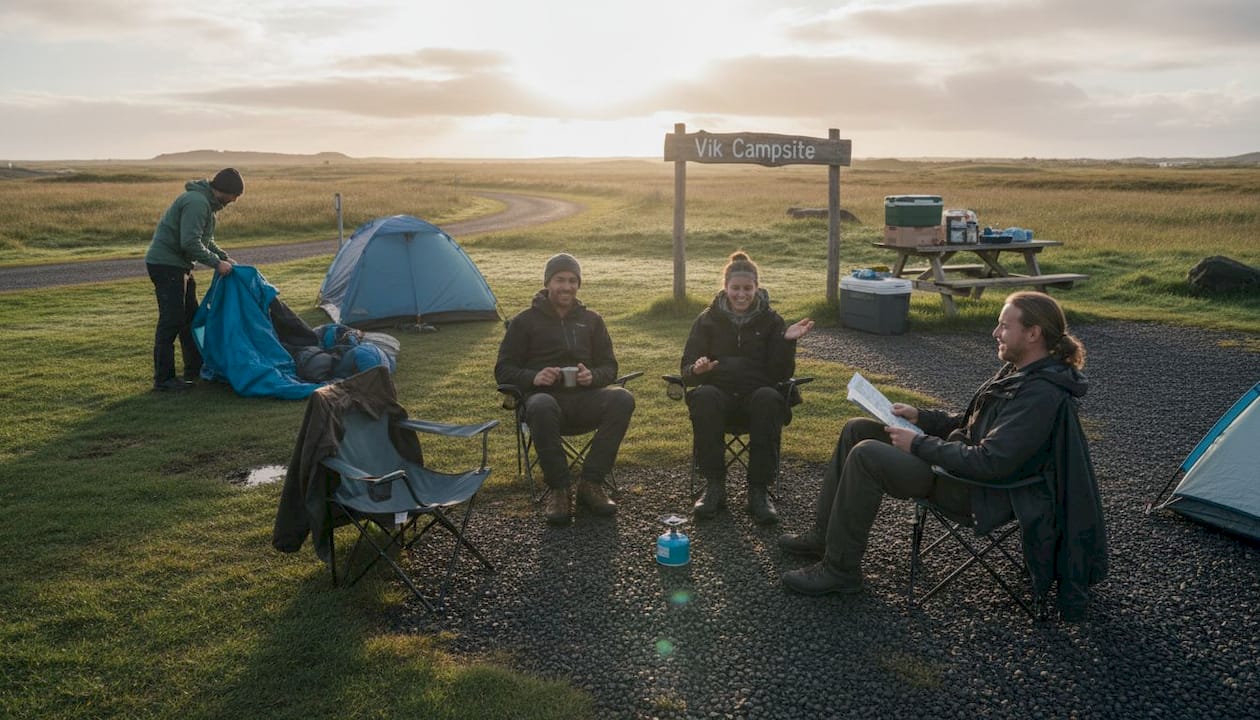 Travelers gather at Iceland campsite morning