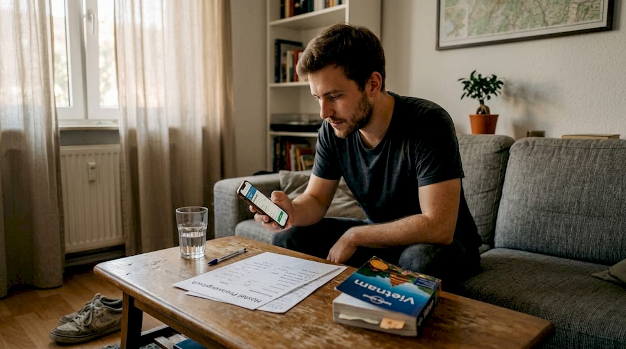 Ein Mann checkt auf seinem Smartphone gemütlich vom Sofa aus verschiedene Hostel-Angebote und vergleicht die Optionen.