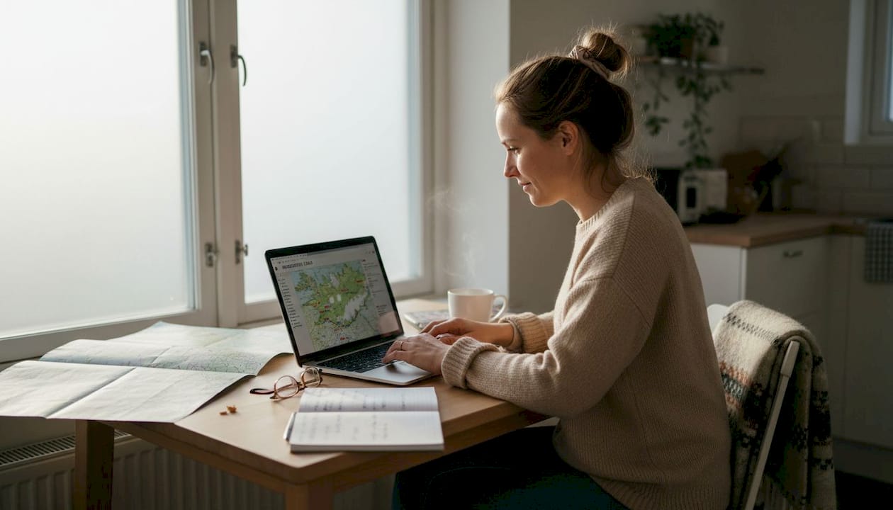 Eine Frau sitzt am Tisch und bucht mit ihrem Laptop eine Unterkunft auf Island.