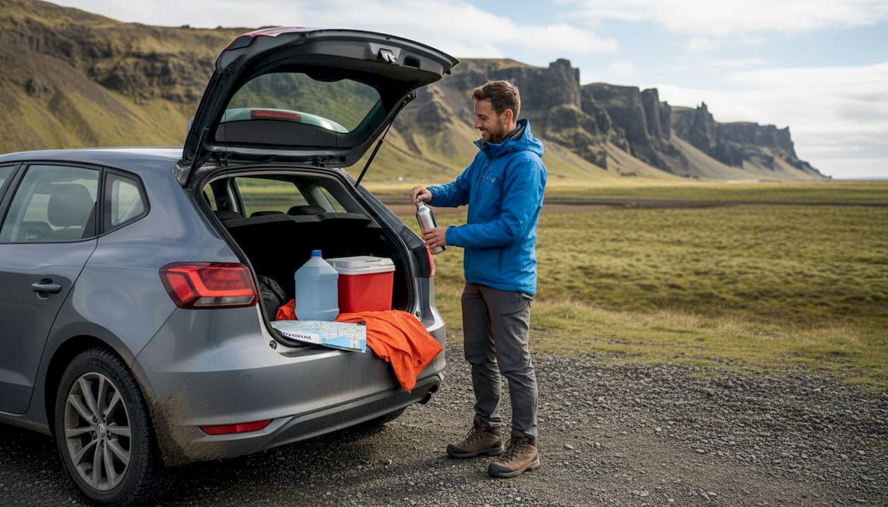 Preparativi per un viaggio on the road in Islanda: una persona si assicura che la sua auto sia pronta ad affrontare ogni avventura, controllando gomme, carburante e tutto il necessario per esplorare paesaggi mozzafiato in sicurezza.