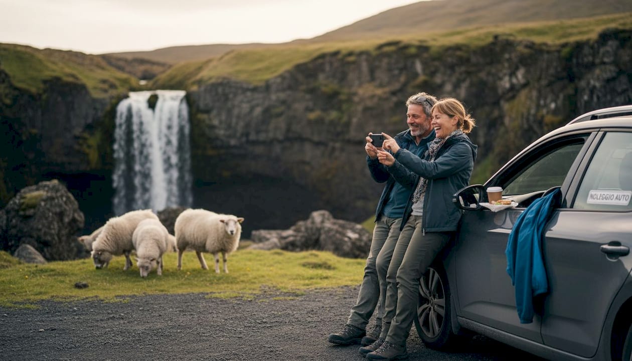 Viaggiatori che si fermano ad ammirare una cascata immersa nella campagna islandese