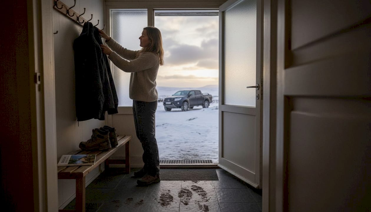 Viajera recogiendo su abrigo en un hostal rural de Islandia