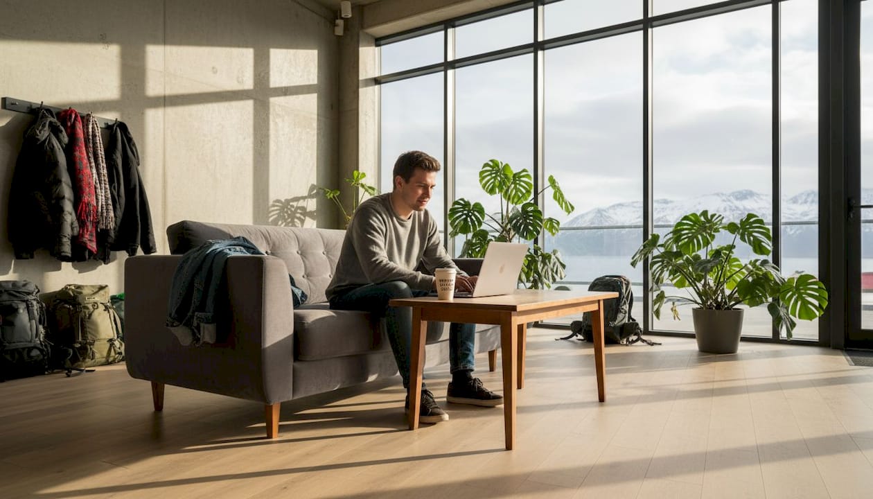 Chico trabajando con su portátil en la zona común de un hostel en Islandia