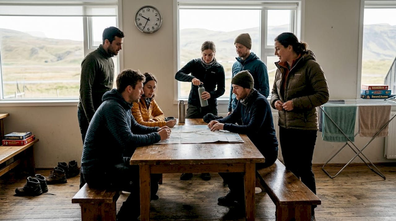 Travelers planning in Iceland hostel common room