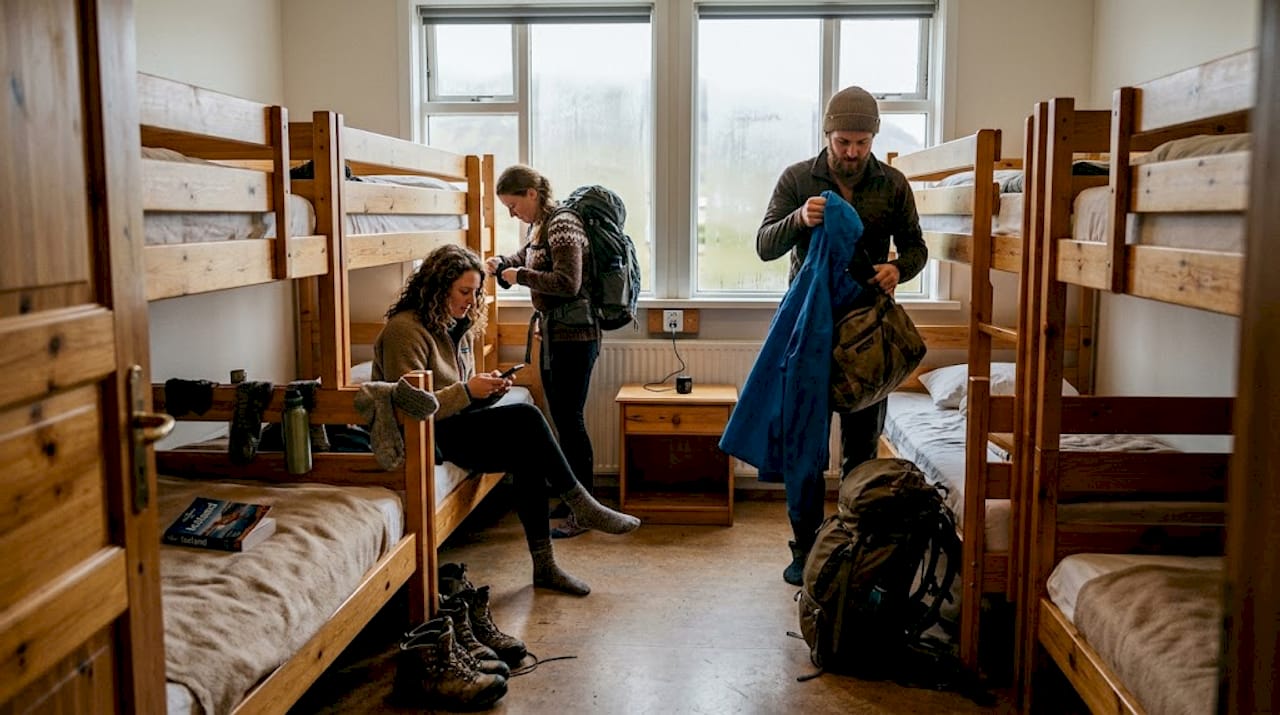 Travelers packing in hostel dorm room morning