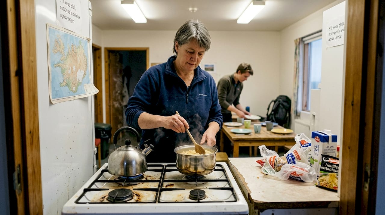 Des voyageurs préparent leur repas ensemble dans la cuisine chaleureuse d’une auberge de jeunesse islandaise.