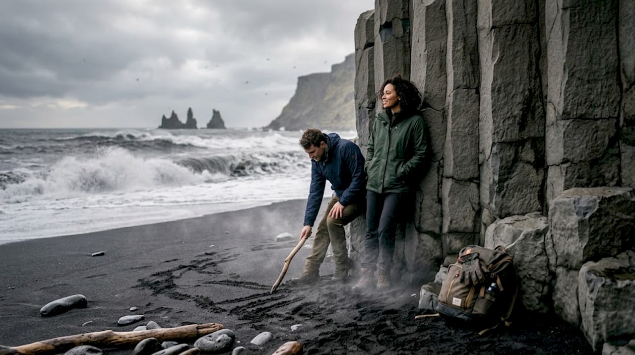 Turisti in visita alla spiaggia di Reynisfjara, famosa per le sue spettacolari colonne di basalto