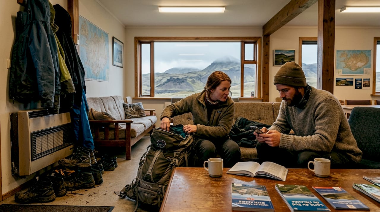 Dans la salle commune d'une auberge en Islande, des voyageurs discutent et organisent leur itinéraire pour explorer le pays.