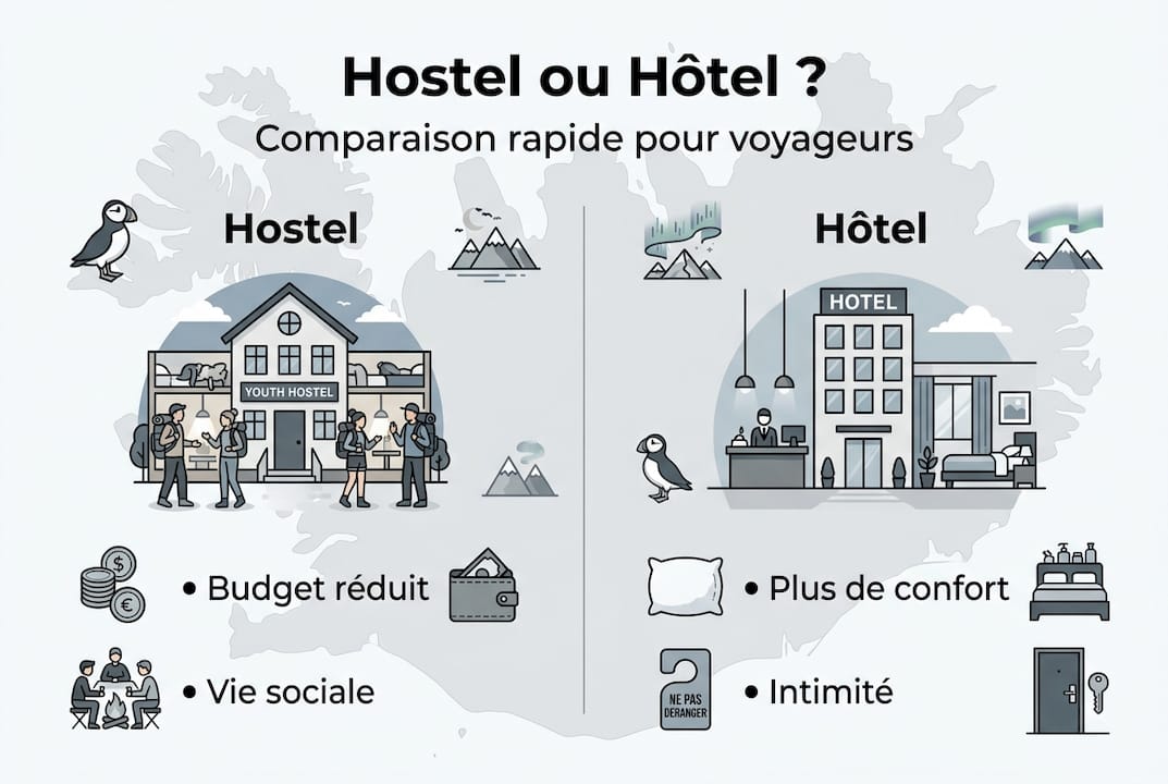 Infographie : quelles différences entre auberges de jeunesse et hôtels en Islande ?