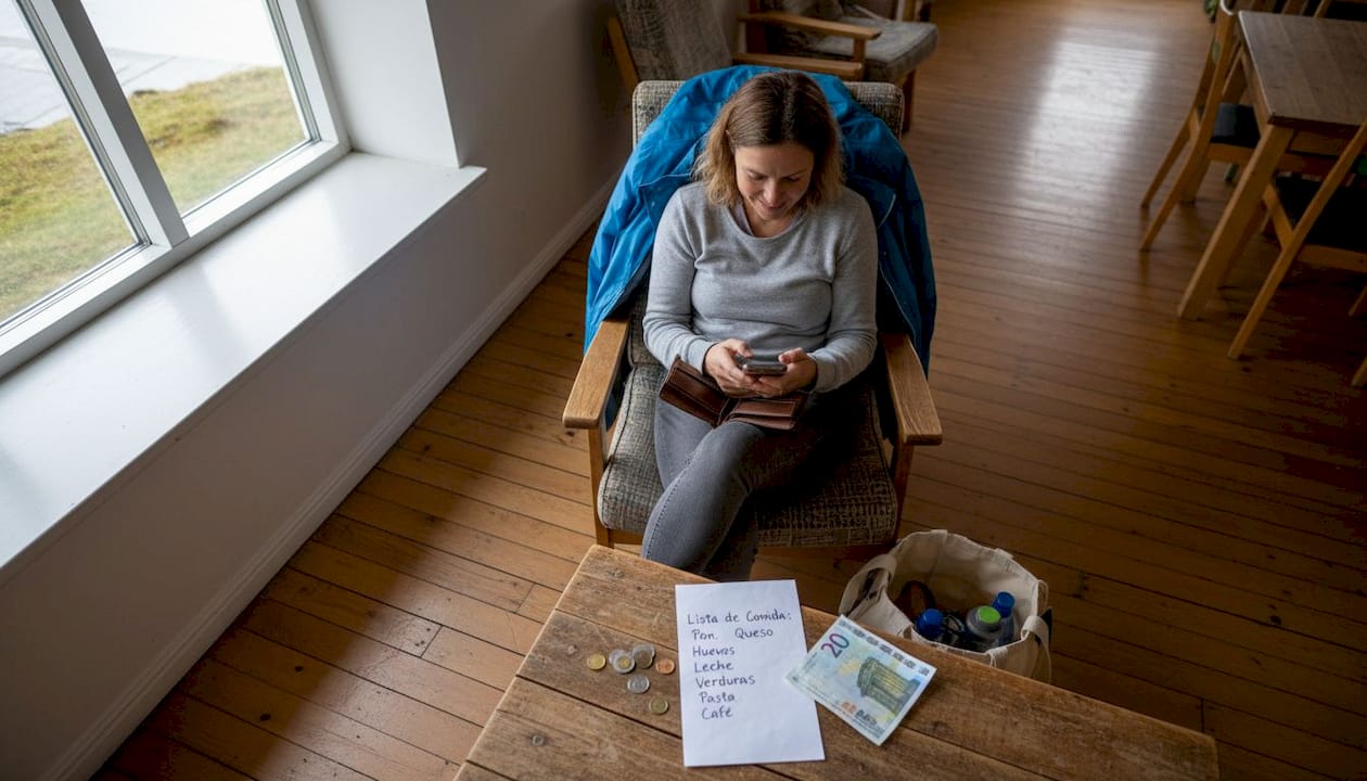 Chica calculando cuánto puede gastar en pizza mientras se hospeda en un hostel