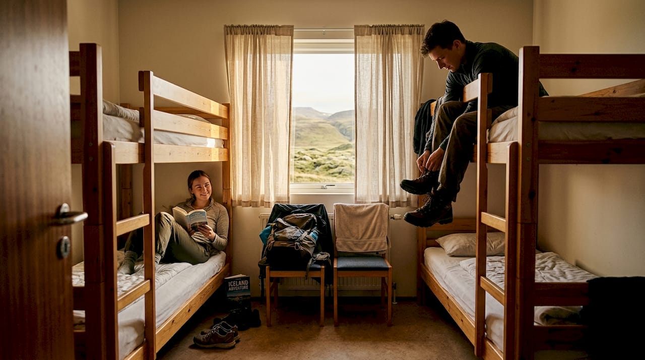 Travelers sharing bunk beds in hostel dorm