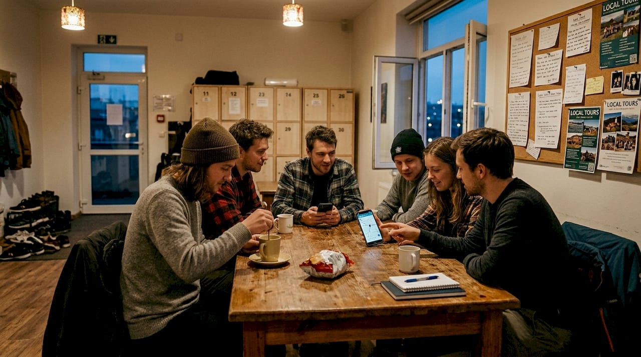 Hostel guests socializing in common area